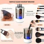 Brushy Electric Makeup Brush Cleaner with USB power, advanced rotation technology, silicone brush mat, and adjustable holders for quick, hygienic makeup brush cleaning.