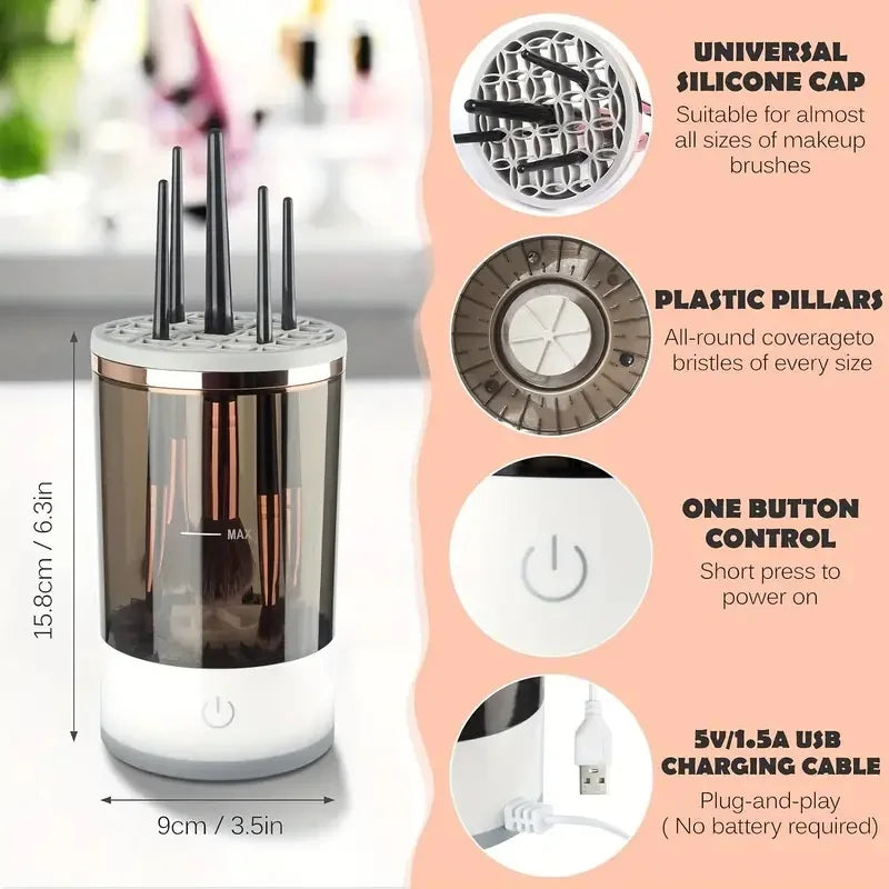 Brushy Electric Makeup Brush Cleaner with USB power, advanced rotation technology, silicone brush mat, and adjustable holders for quick, hygienic makeup brush cleaning.