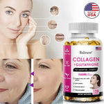 Collagen and Glutathione supplement bottle with before and after skin comparison on a light background