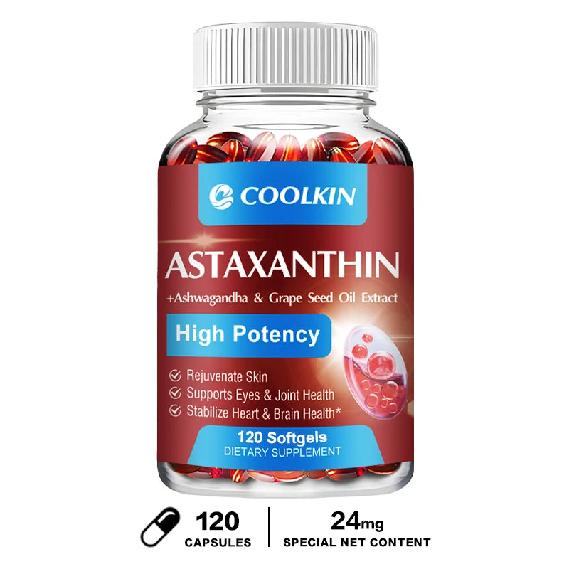 COOLKIN Astaxanthin Supplement – antioxidant softgels with grapeseed oil, ashwagandha, MCT oil, and coconut oil for joint support, immune health, skin hydration, and stress relief.