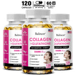 Three bottles of Balincer Collagen + Glutathione dietary supplements on a white background