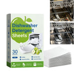 Thirty dishwashing detergent sheets arranged beside their packaging