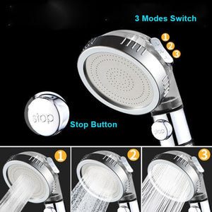 3 Modes adjustable high-pressure filtered shower head with chlorine filter, stainless steel micro-hole panel, and eco-friendly water-saving design. Ideal for hard water treatment and sensitive skin, promoting healthier hair and skin.