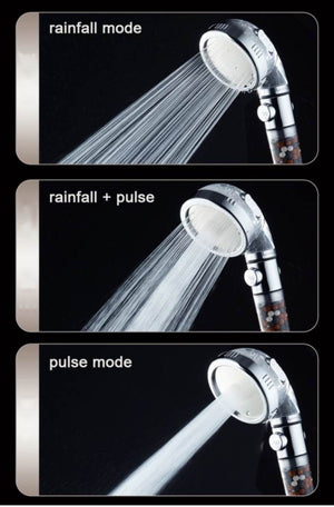 3 Modes adjustable high-pressure filtered shower head with chlorine filter, stainless steel micro-hole panel, and eco-friendly water-saving design. Ideal for hard water treatment and sensitive skin, promoting healthier hair and skin.