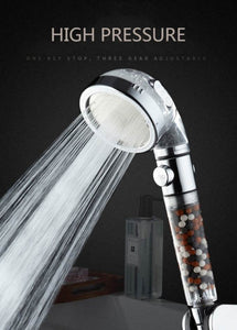 3 Modes adjustable high-pressure filtered shower head with chlorine filter, stainless steel micro-hole panel, and eco-friendly water-saving design. Ideal for hard water treatment and sensitive skin, promoting healthier hair and skin.