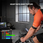 COOSPO HW9 Armband Heart Rate Monitor with optical heart rate tracking, 5-color LED zone indicators, Bluetooth 5.0 and ANT+ connectivity, customizable max heart rate, and rechargeable 35-hour battery for fitness and performance.