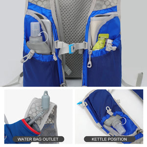 Close-up of the TOPSPEED Ultralight Hydration Backpack featuring a 2L hydration bladder, breathable mesh design, and additional 500ML water bottle, ideal for trail running, cycling, and marathons.