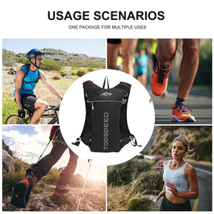 Close-up of the TOPSPEED Ultralight Hydration Backpack featuring a 2L hydration bladder, breathable mesh design, and additional 500ML water bottle, ideal for trail running, cycling, and marathons.