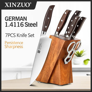 XINZUO Professional 7-Piece Kitchen Knife Set with Block, featuring German stainless steel knives for precision slicing and durable performance in the kitchen.