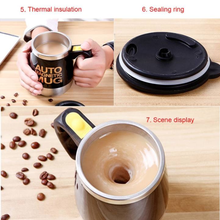 Magnetic self-stirring mug with stainless steel insulation, automatic stirring function, and magnetized design for coffee, tea, and protein drinks. Portable, eco-friendly mug ideal for home, office, travel, and commutes, ensuring perfectly mixed beverages without the need for stirrers.