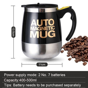 Magnetic self-stirring mug with stainless steel insulation, automatic stirring function, and magnetized design for coffee, tea, and protein drinks. Portable, eco-friendly mug ideal for home, office, travel, and commutes, ensuring perfectly mixed beverages without the need for stirrers.