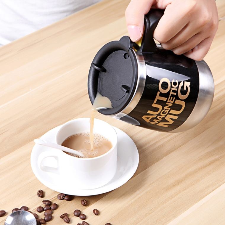 Magnetic self-stirring mug with stainless steel insulation, automatic stirring function, and magnetized design for coffee, tea, and protein drinks. Portable, eco-friendly mug ideal for home, office, travel, and commutes, ensuring perfectly mixed beverages without the need for stirrers.