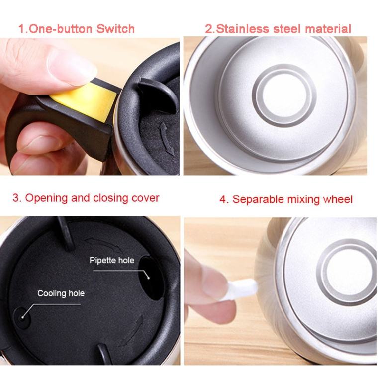 Magnetic self-stirring mug with stainless steel insulation, automatic stirring function, and magnetized design for coffee, tea, and protein drinks. Portable, eco-friendly mug ideal for home, office, travel, and commutes, ensuring perfectly mixed beverages without the need for stirrers.