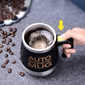 Magnetic self-stirring mug with stainless steel insulation, automatic stirring function, and magnetized design for coffee, tea, and protein drinks. Portable, eco-friendly mug ideal for home, office, travel, and commutes, ensuring perfectly mixed beverages without the need for stirrers.