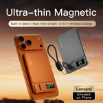 Portable MagSafe-compatible battery pack with TFT display and foldable stand.