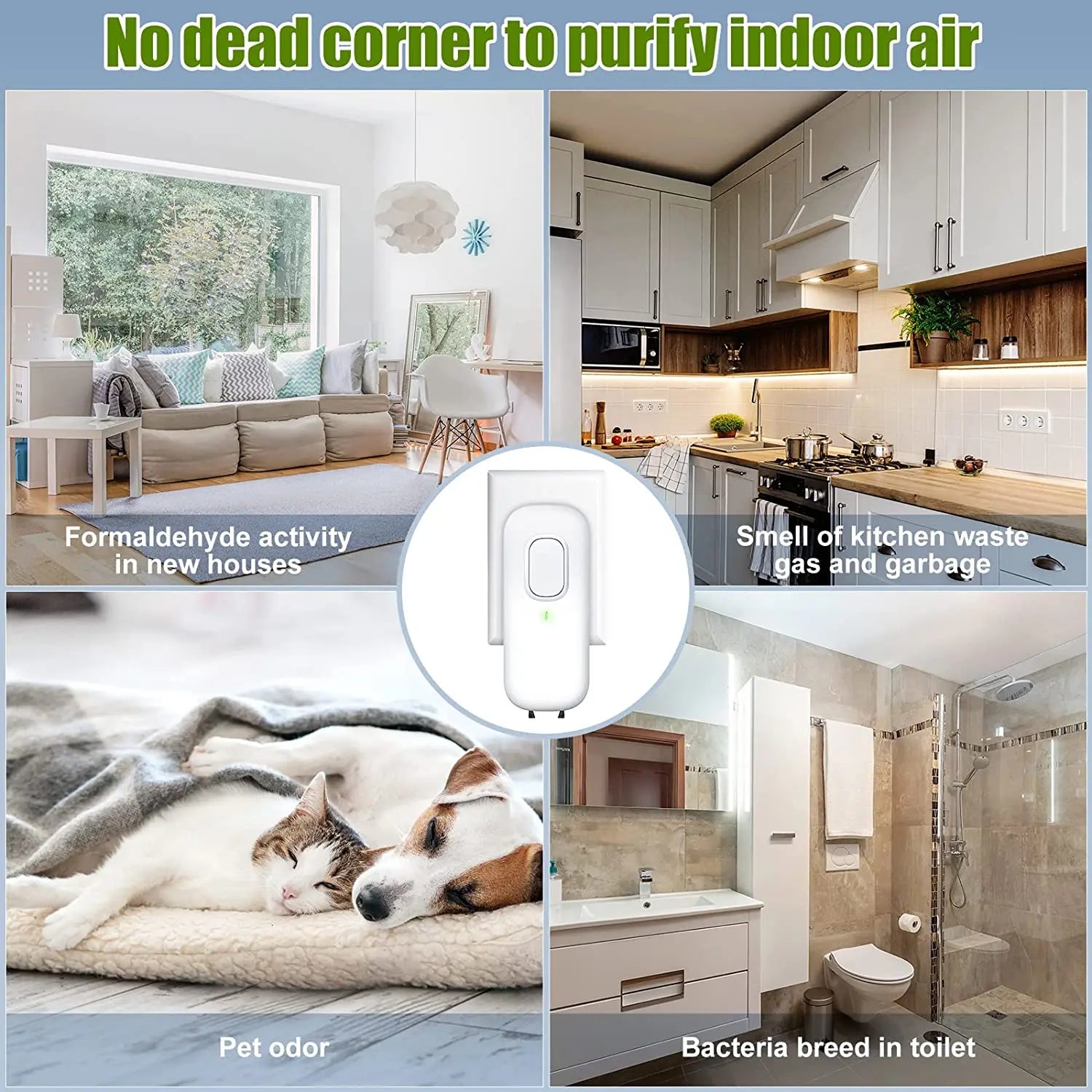 Compact plug-in mini air purifier with negative ion generator for eliminating dust, allergens, smoke, and odors. Portable, energy-efficient air purifier ideal for small spaces like bedrooms, kitchens, bathrooms, offices, and dorm rooms. No filter required, with quiet operation and eco-friendly design perfect for pet owners, smokers, and travelers.