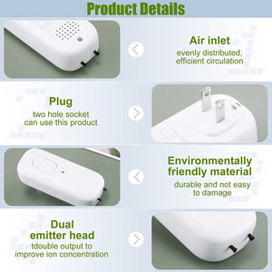 Compact plug-in mini air purifier with negative ion generator for eliminating dust, allergens, smoke, and odors. Portable, energy-efficient air purifier ideal for small spaces like bedrooms, kitchens, bathrooms, offices, and dorm rooms. No filter required, with quiet operation and eco-friendly design perfect for pet owners, smokers, and travelers.