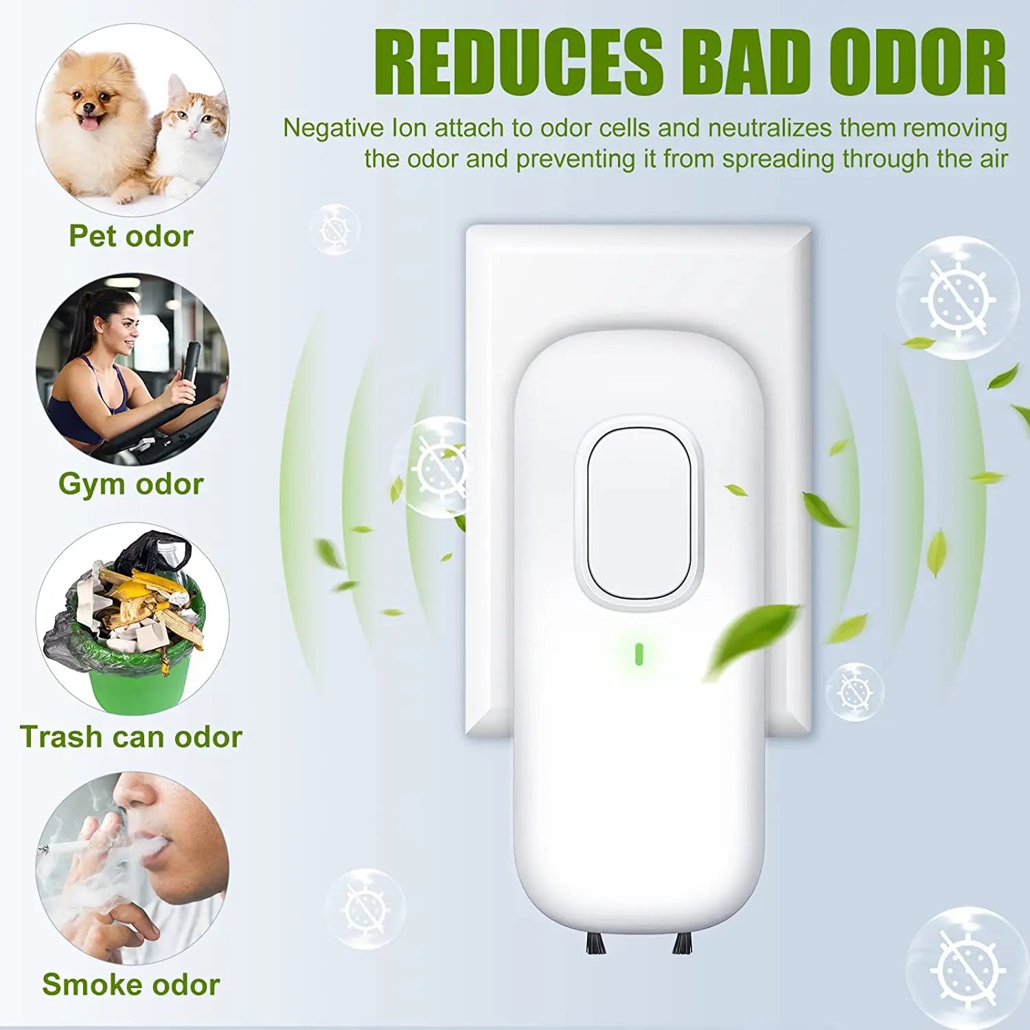 Compact plug-in mini air purifier with negative ion generator for eliminating dust, allergens, smoke, and odors. Portable, energy-efficient air purifier ideal for small spaces like bedrooms, kitchens, bathrooms, offices, and dorm rooms. No filter required, with quiet operation and eco-friendly design perfect for pet owners, smokers, and travelers.