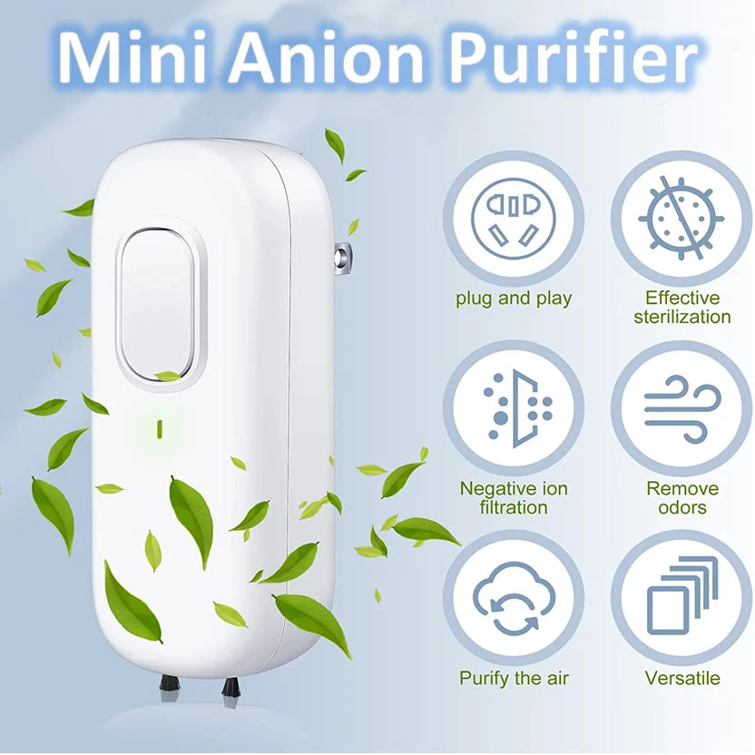 Compact plug-in mini air purifier with negative ion generator for eliminating dust, allergens, smoke, and odors. Portable, energy-efficient air purifier ideal for small spaces like bedrooms, kitchens, bathrooms, offices, and dorm rooms. No filter required, with quiet operation and eco-friendly design perfect for pet owners, smokers, and travelers.