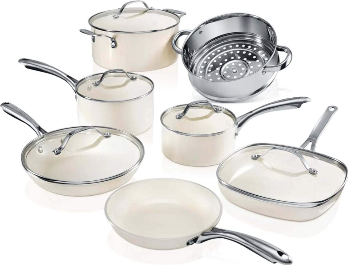 Image of a 12-piece ceramic nonstick cookware set, featuring a stylish and modern design. The set includes frying pans, saucepans, and a Dutch oven, all with a non-toxic ceramic coating for healthier cooking.