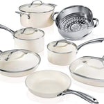 Image of a 12-piece ceramic nonstick cookware set, featuring a stylish and modern design. The set includes frying pans, saucepans, and a Dutch oven, all with a non-toxic ceramic coating for healthier cooking.