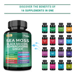Pslalae Sea Moss Capsules – Vegan supplement with sea moss, black seed oil, ashwagandha, and ginger for thyroid support, gut health, immune boost, joint and skin wellness.