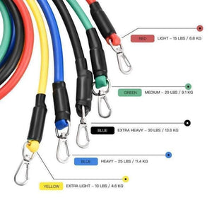 11-piece Resistance Band Set for Home Workouts – includes 5 adjustable resistance bands, door anchor, ankle straps, handles, and carry bag. Ideal for full-body exercises, muscle toning, strength training, and portable fitness on-the-go. Perfect for beginners and advanced users to achieve gym-quality workouts at home or while traveling.