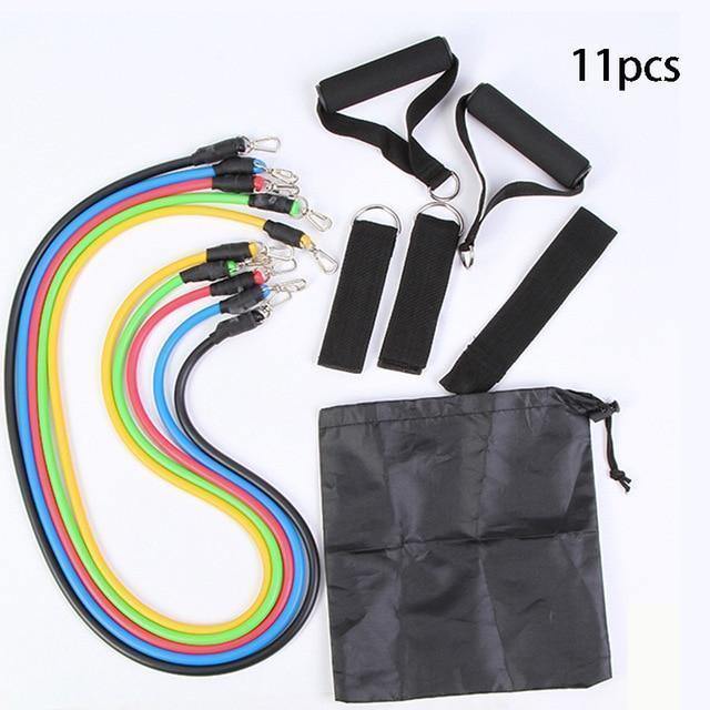 11-piece Resistance Band Set for Home Workouts – includes 5 adjustable resistance bands, door anchor, ankle straps, handles, and carry bag. Ideal for full-body exercises, muscle toning, strength training, and portable fitness on-the-go. Perfect for beginners and advanced users to achieve gym-quality workouts at home or while traveling.