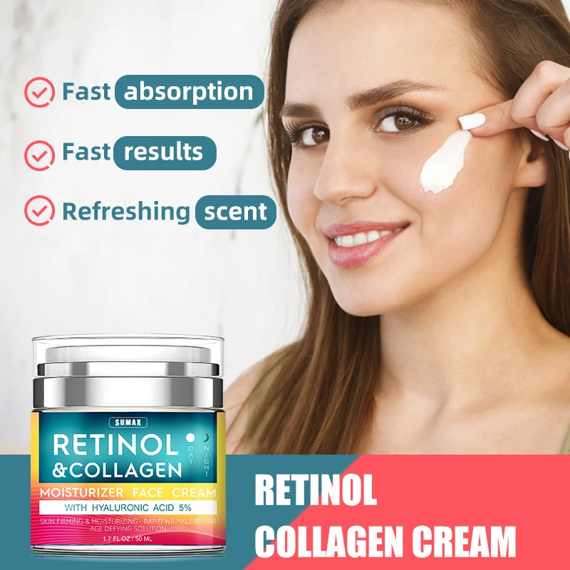 Sumax Retinol Cream – anti-aging moisturizer with retinol, collagen, and hyaluronic acid for reducing fine lines, firming skin, and deep hydration; ideal for radiant, youthful complexion day and night.