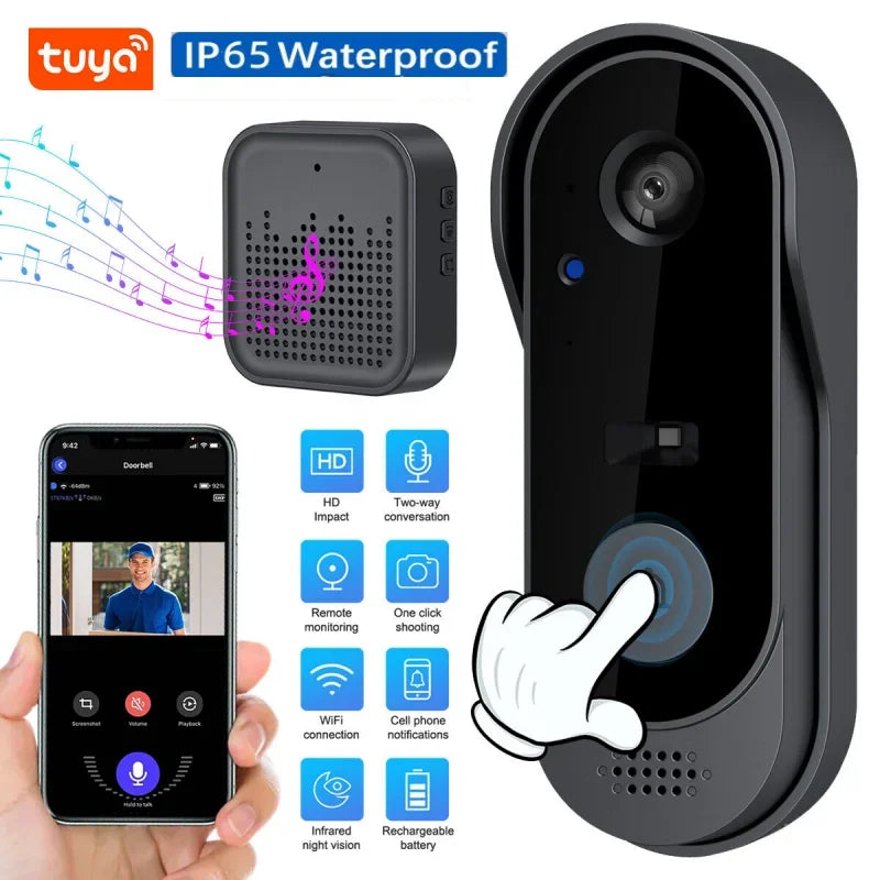 Tuya Smart Wireless Ring Camera Doorbell with HD video, 170° wide-angle lens, infrared night vision, two-way audio, IP65 waterproof design, and integration with the Tuya Smart Life App for secure home monitoring and easy installation.