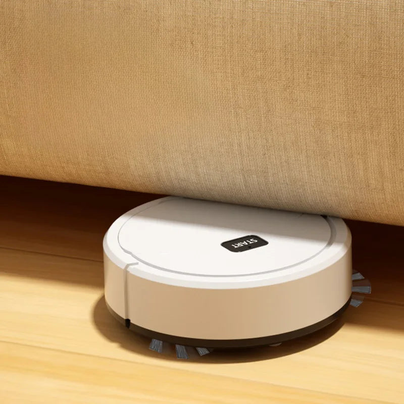 Xiaomi Smart Sweeping Robot Vacuum cleaning a hardwood floor, showcasing its 3-in-1 functionality to vacuum, sweep, and mop. This compact, rechargeable robot vacuum effortlessly navigates tight spaces, tackles pet hair, dust, and spills, and offers fully automatic operation—perfect for busy households and multi-surface cleaning.