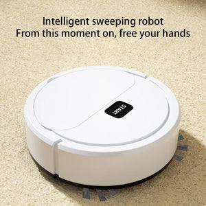 Xiaomi Smart Sweeping Robot Vacuum cleaning a hardwood floor, showcasing its 3-in-1 functionality to vacuum, sweep, and mop. This compact, rechargeable robot vacuum effortlessly navigates tight spaces, tackles pet hair, dust, and spills, and offers fully automatic operation—perfect for busy households and multi-surface cleaning.