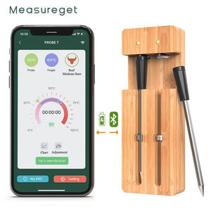 Bluetooth smart meat thermometer with app control, real-time temperature monitoring, and USDA temperature presets. Perfect for grilling, smoking, roasting, baking, and sous vide cooking. Monitor multiple foods wirelessly from up to 165 feet away. Compact, portable meat thermometer ideal for indoor and outdoor cooking, tailgates, and camping trips.