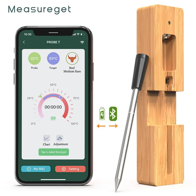 Bluetooth smart meat thermometer with app control, real-time temperature monitoring, and USDA temperature presets. Perfect for grilling, smoking, roasting, baking, and sous vide cooking. Monitor multiple foods wirelessly from up to 165 feet away. Compact, portable meat thermometer ideal for indoor and outdoor cooking, tailgates, and camping trips.