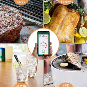 Bluetooth smart meat thermometer with app control, real-time temperature monitoring, and USDA temperature presets. Perfect for grilling, smoking, roasting, baking, and sous vide cooking. Monitor multiple foods wirelessly from up to 165 feet away. Compact, portable meat thermometer ideal for indoor and outdoor cooking, tailgates, and camping trips.