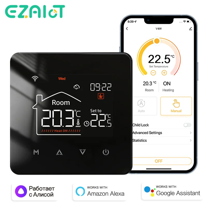 EZALOT Smart Thermostat for water and electric floor heating and gas boilers, featuring WiFi remote control, voice command compatibility with Google and Alexa, and precise temperature management.