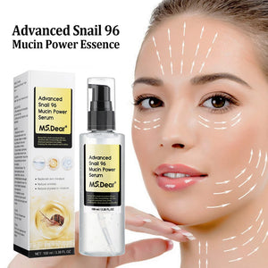 Bottle of M.S Dear Snail Mucin Serum (100ml) placed elegantly on a reflective surface, highlighting its lightweight, hydrating formula enriched with snail mucin, collagen, and hyaluronic acid. A premium serum designed for anti-aging, skin repair, and intense hydration suitable for all skin types.