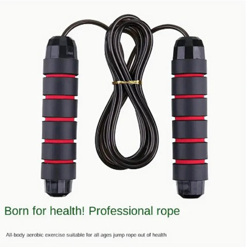 A professional tangle-free speed jump rope with foam handles and a durable steel cable, designed for rapid speed, agility training, and full-body workouts, displayed on a gym floor.