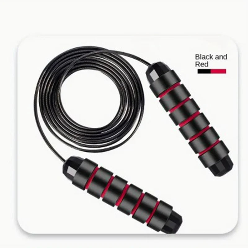 A professional tangle-free speed jump rope with foam handles and a durable steel cable, designed for rapid speed, agility training, and full-body workouts, displayed on a gym floor.