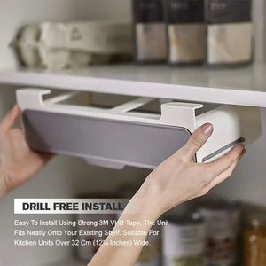 Wall-mounted under-shelf spice rack with pull-out compartment for organizing up to seven spice jars, featuring durable food-grade materials and drill-free 3M adhesive installation for modern kitchens.