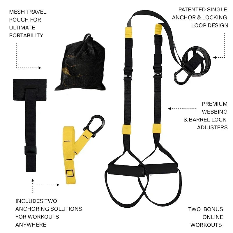 Suspension trainer system for bodyweight resistance training, featuring adjustable straps, soft foam handles, and durable zinc alloy carabiner. Perfect for strength training, core workouts, yoga, and full-body fitness. Portable and versatile suspension training set for home, gym, or travel with 300+ exercise options to build muscle, burn fat, and enhance stability.