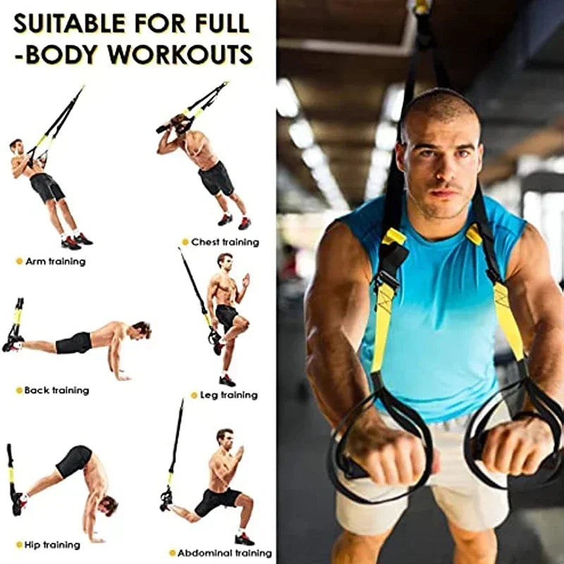 Suspension trainer system for bodyweight resistance training, featuring adjustable straps, soft foam handles, and durable zinc alloy carabiner. Perfect for strength training, core workouts, yoga, and full-body fitness. Portable and versatile suspension training set for home, gym, or travel with 300+ exercise options to build muscle, burn fat, and enhance stability.