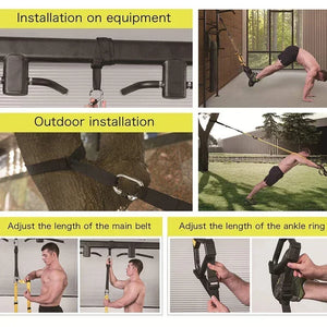 Suspension trainer system for bodyweight resistance training, featuring adjustable straps, soft foam handles, and durable zinc alloy carabiner. Perfect for strength training, core workouts, yoga, and full-body fitness. Portable and versatile suspension training set for home, gym, or travel with 300+ exercise options to build muscle, burn fat, and enhance stability.