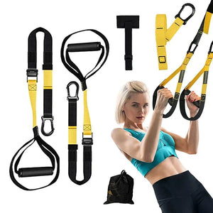 Suspension trainer system for bodyweight resistance training, featuring adjustable straps, soft foam handles, and durable zinc alloy carabiner. Perfect for strength training, core workouts, yoga, and full-body fitness. Portable and versatile suspension training set for home, gym, or travel with 300+ exercise options to build muscle, burn fat, and enhance stability.