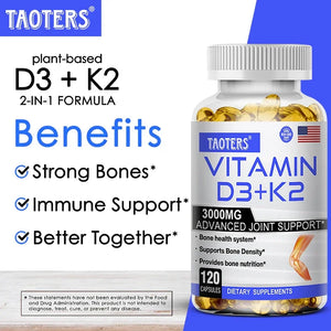 TAOTERS Vitamin D3 and K2 Supplement bottle with softgels displayed next to calcium-rich foods, symbolizing support for bone health, immunity, and cardiovascular wellness.