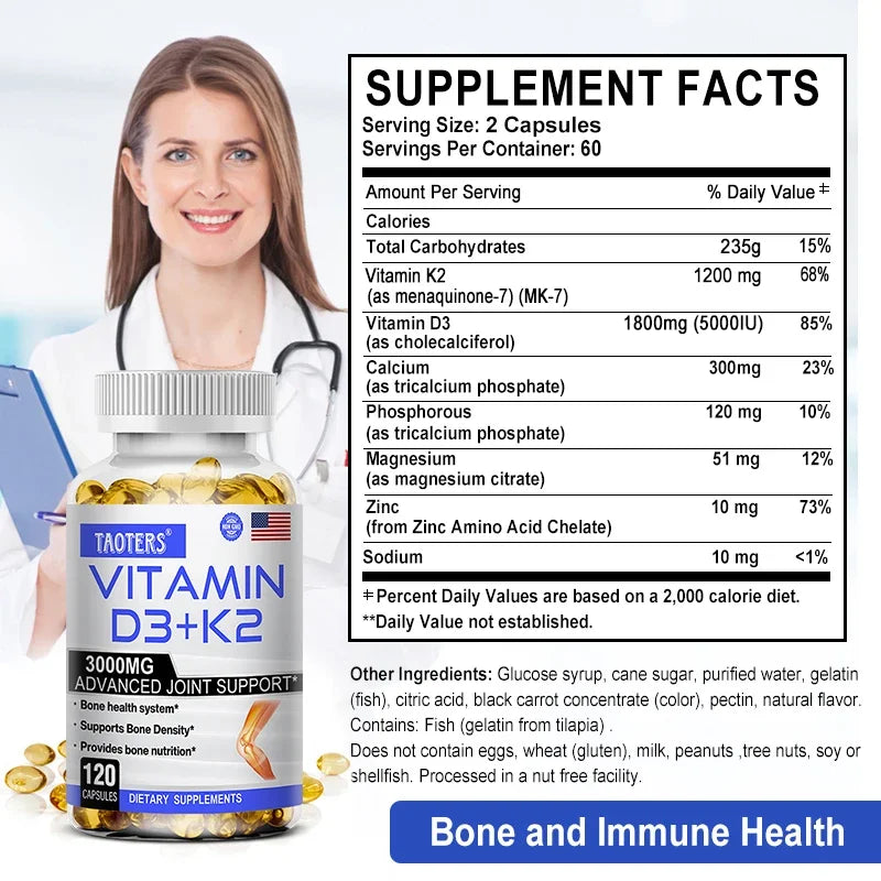 TAOTERS Vitamin D3 and K2 Supplement bottle with softgels displayed next to calcium-rich foods, symbolizing support for bone health, immunity, and cardiovascular wellness.