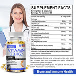 TAOTERS Vitamin D3 and K2 Supplement bottle with softgels displayed next to calcium-rich foods, symbolizing support for bone health, immunity, and cardiovascular wellness.
