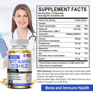 TAOTERS Vitamin D3 and K2 Supplement bottle with softgels displayed next to calcium-rich foods, symbolizing support for bone health, immunity, and cardiovascular wellness.