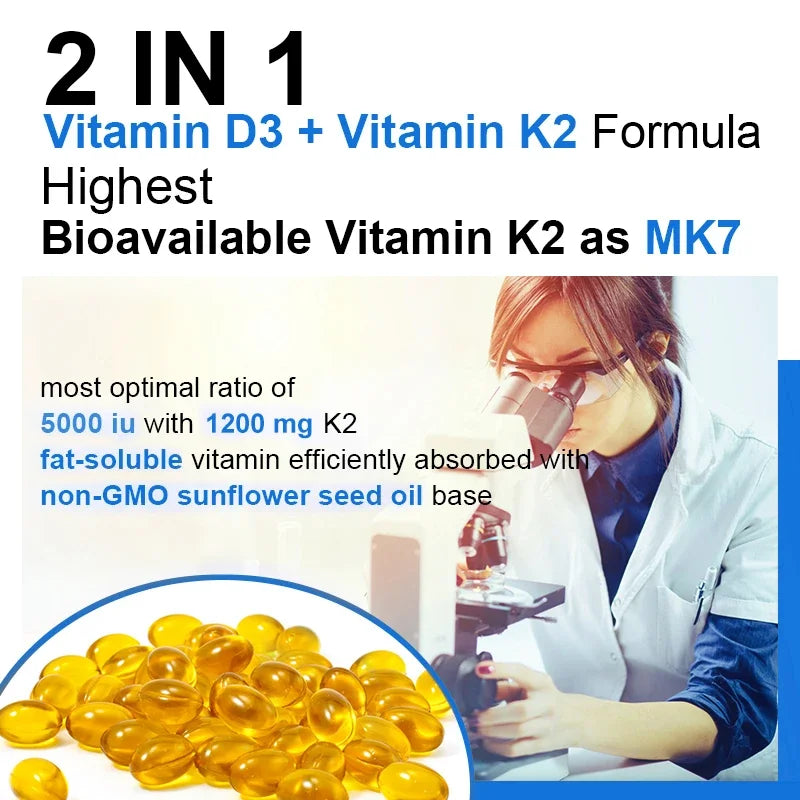 TAOTERS Vitamin D3 and K2 Supplement bottle with softgels displayed next to calcium-rich foods, symbolizing support for bone health, immunity, and cardiovascular wellness.