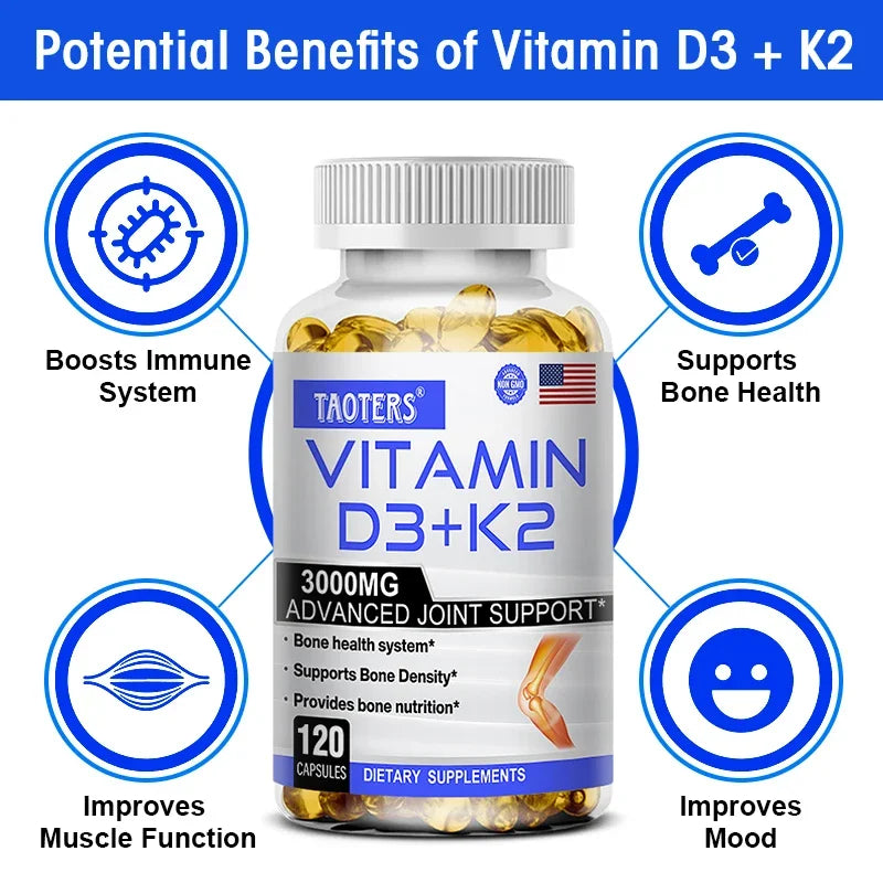 TAOTERS Vitamin D3 and K2 Supplement bottle with softgels displayed next to calcium-rich foods, symbolizing support for bone health, immunity, and cardiovascular wellness.